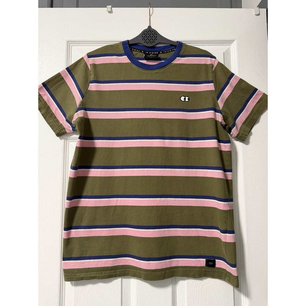 Lazy Oaf Khaki Stripe Tee M Embroidered Eyes Logo Cotton T-Shirt